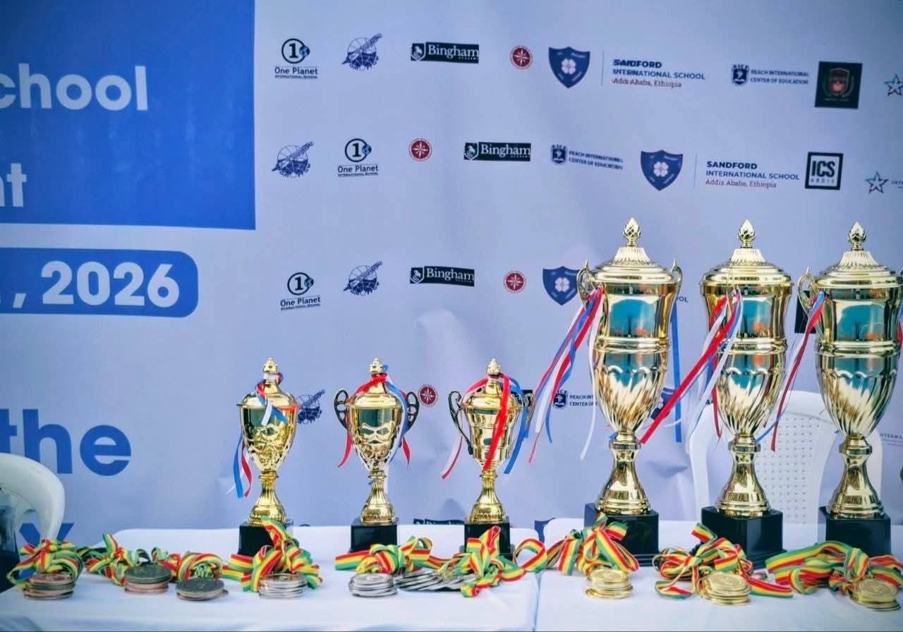 Trophies and medals prepared for an international school tournament